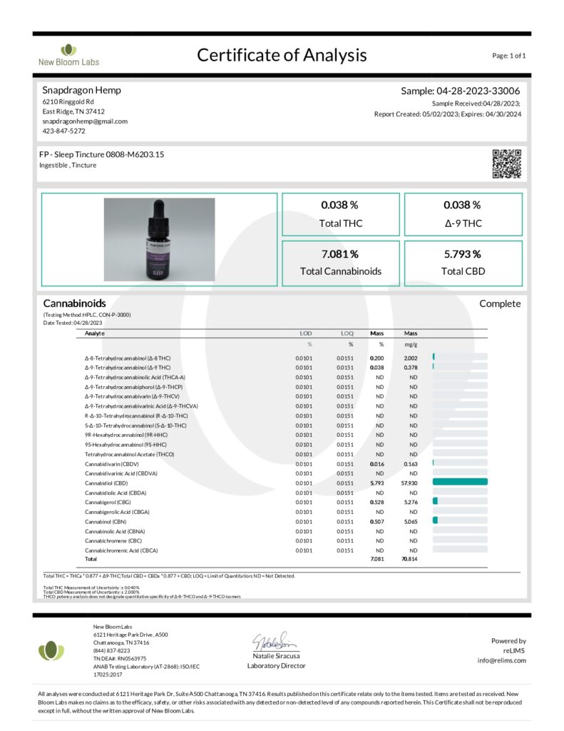 SLEEP CBD Oil Tincture by Snapdragon Selects Lab Report