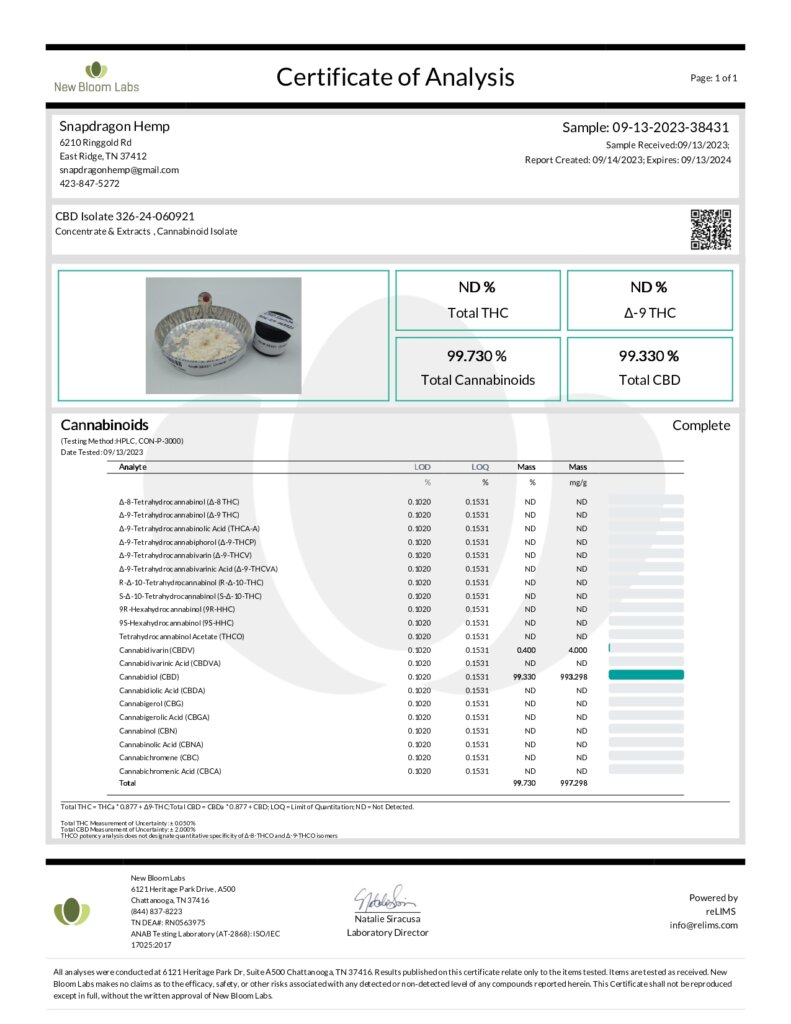 CBD Isolate 99% COA