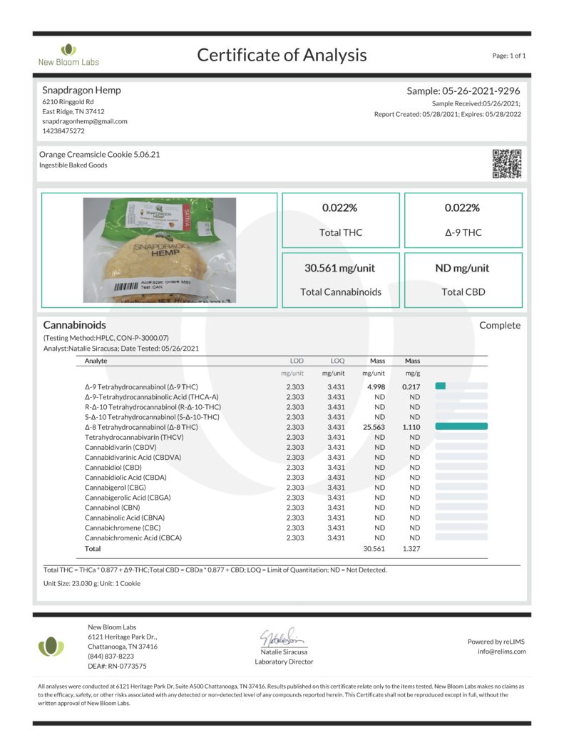 Snapdragon Hemp Orange Creamsicle Cookie Potency Lab 05282021