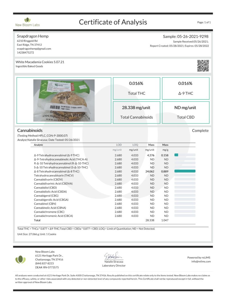 Snapdragon Hemp White Macadamia Cookies Potency Lab 05282021