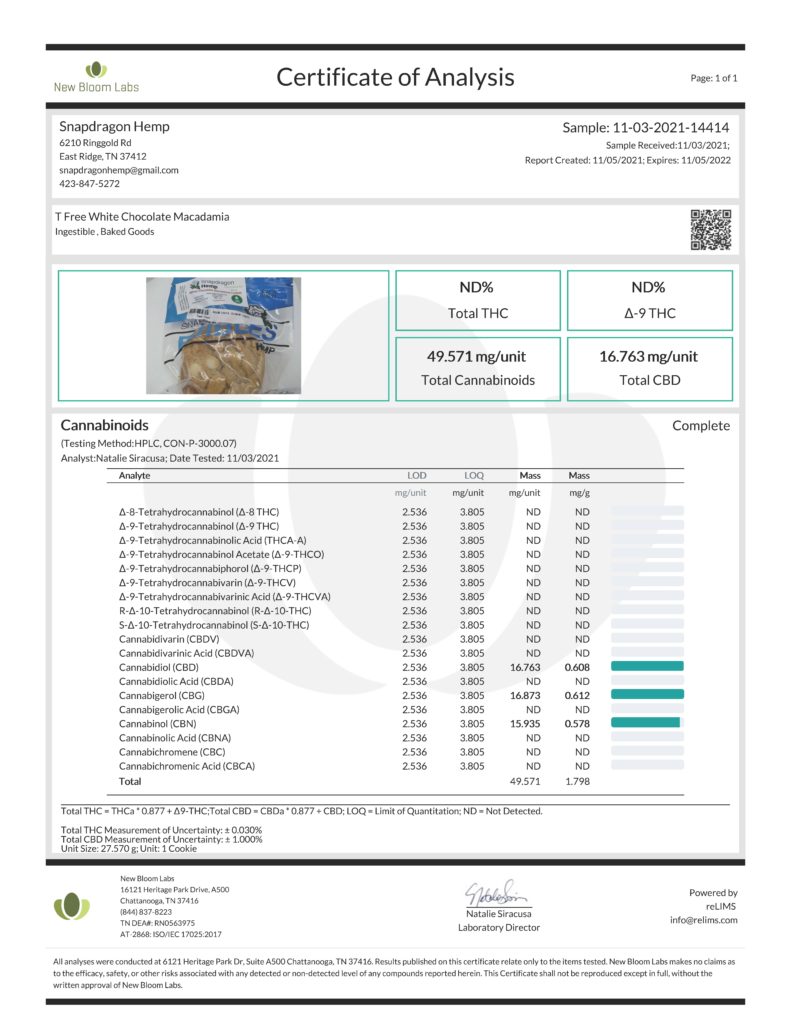 T-Free White Chocolate Macadamia COA