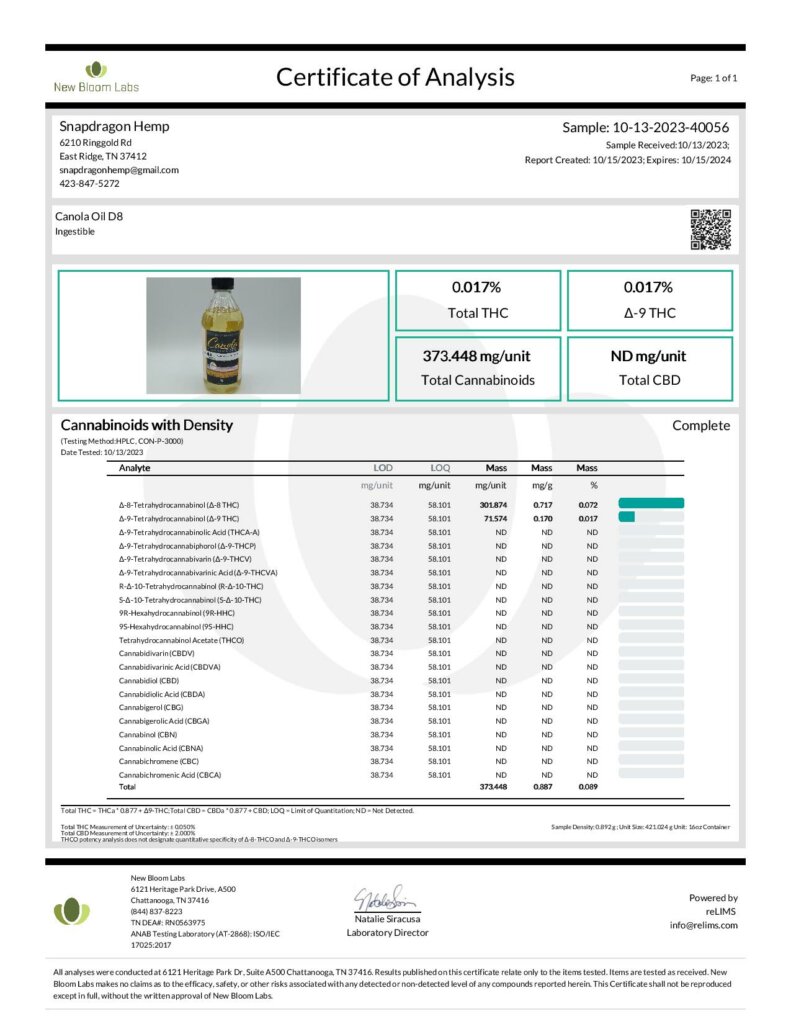 D8 Canola Oil COA