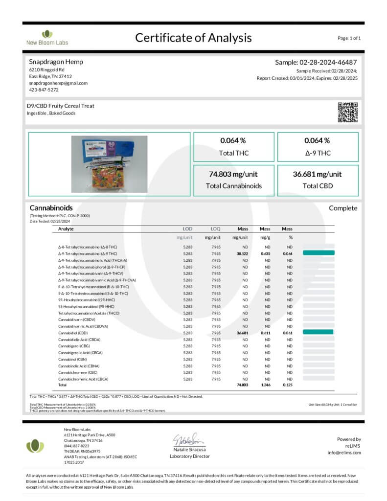 Delta-9 THC Live Resin and CBD Blend Cereal Treats 75mg or 200mg Lab Report