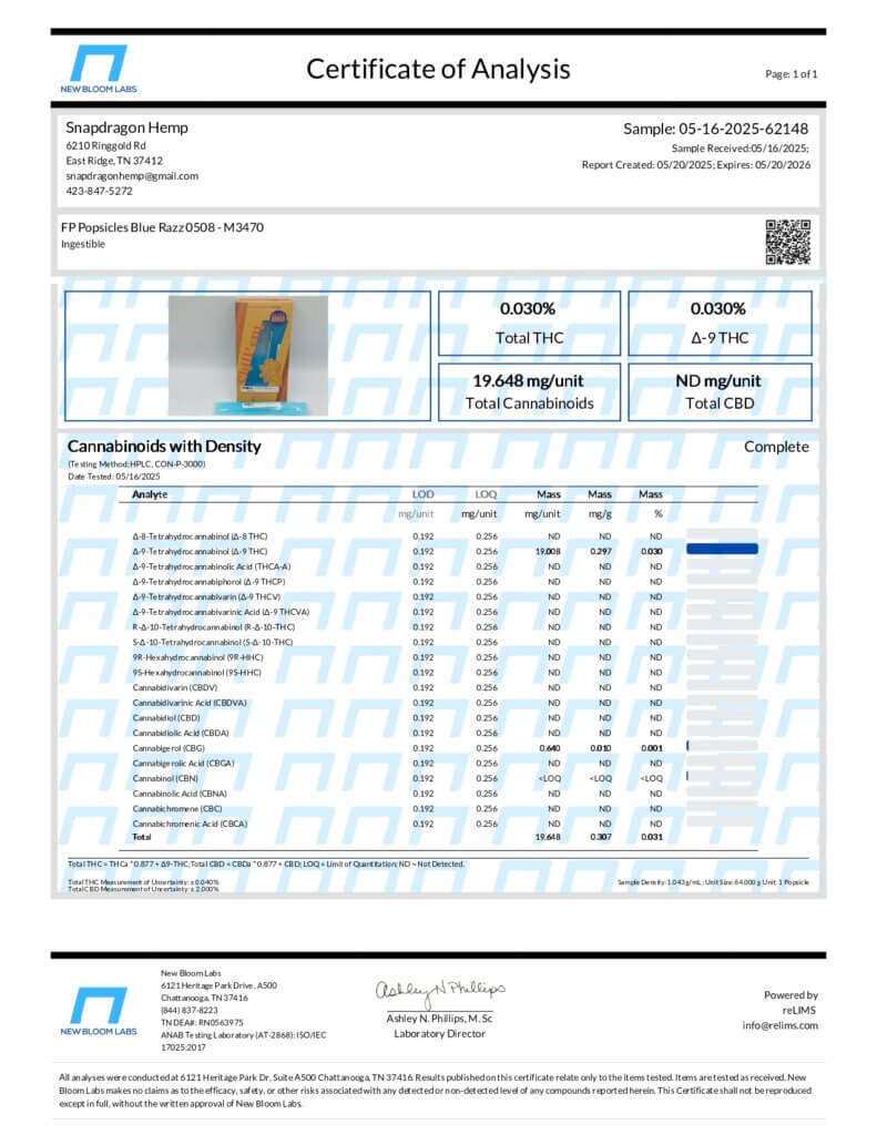 Delta-9 THC 20mg CHILL ‘EM Infused Popsicles Lab Report