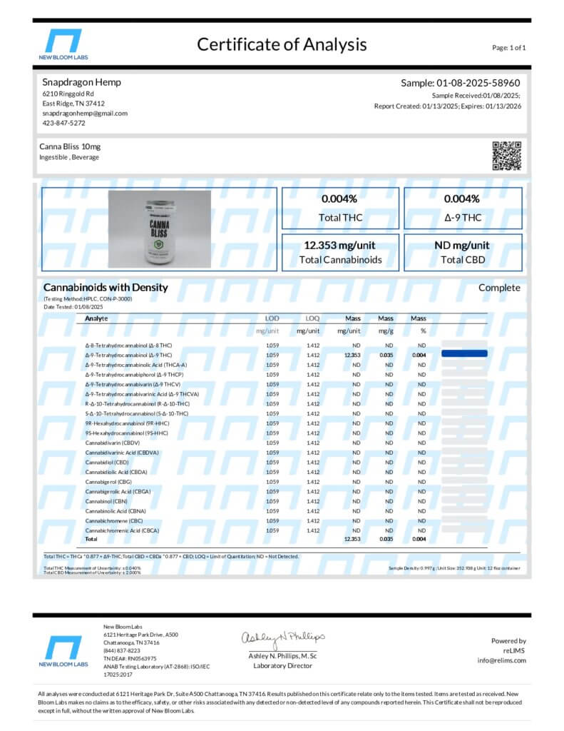 Delta-9 THC Infused Canna Bliss Sparkling Water Lab Report
