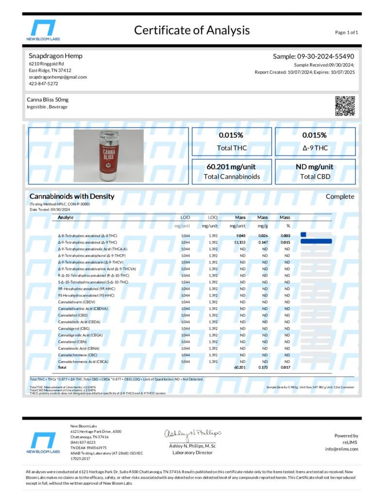 Delta-9 THC Infused Canna Bliss Sparkling Water Lab Report
