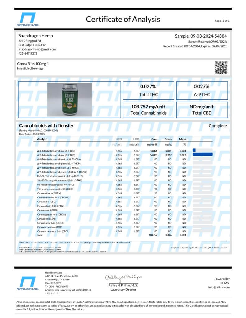 Delta-9 THC Infused Canna Bliss Sparkling Water Lab Report