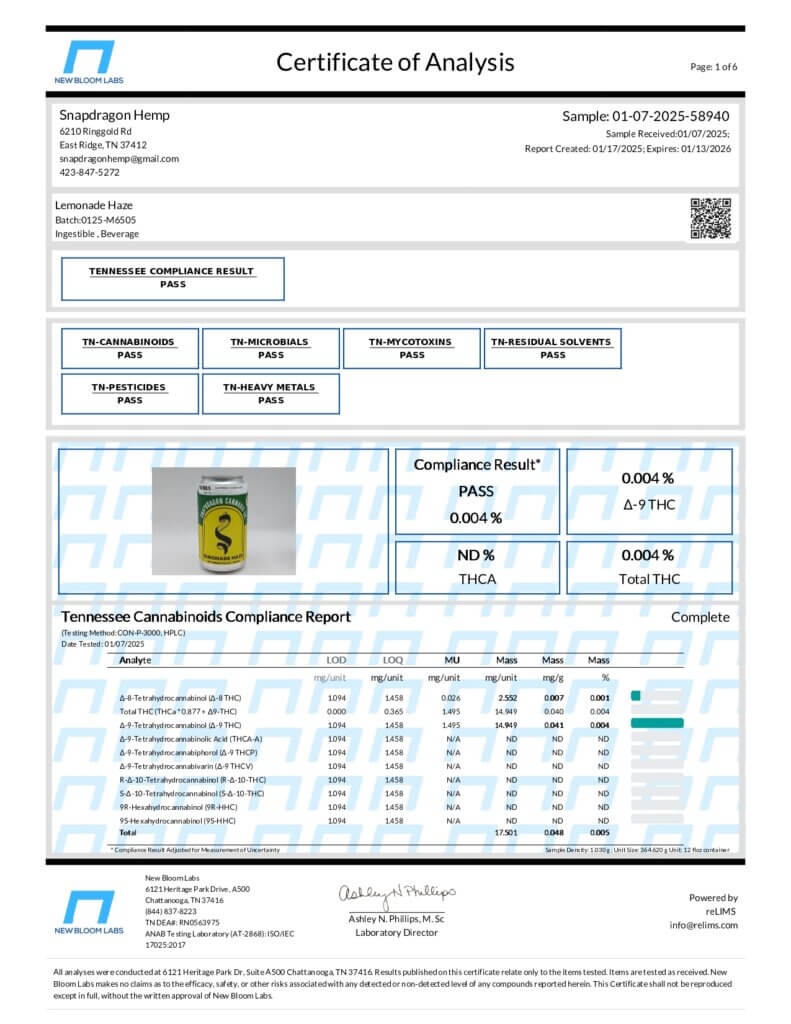 Snapdragon Cannabis Co. Delta-9 THC Infused Sodas Lab Report