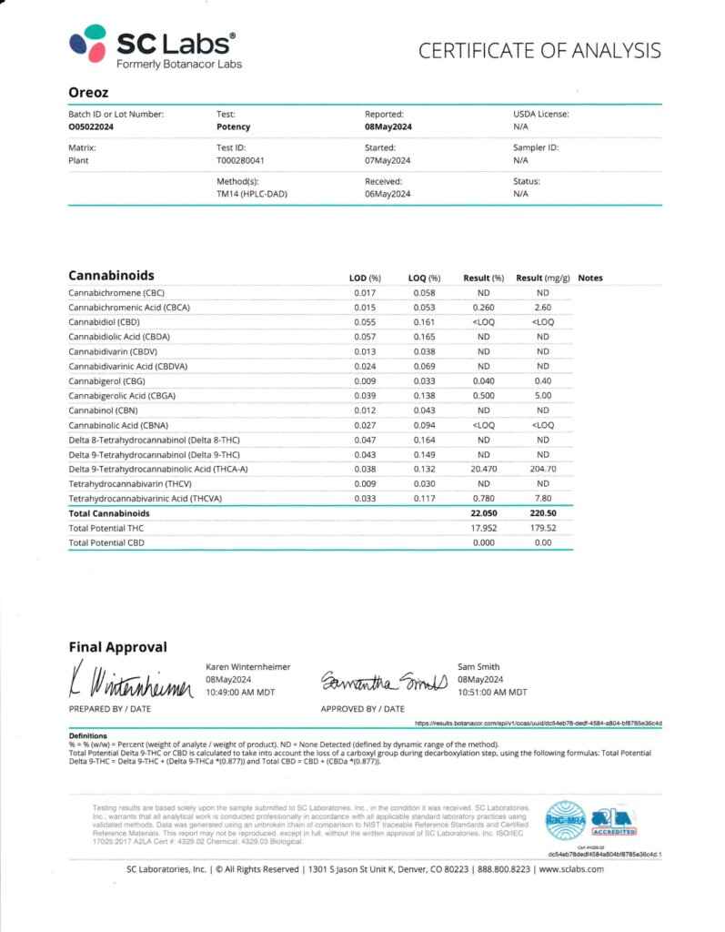 OREOZ Craft Reserve THCA Flower Lab Report