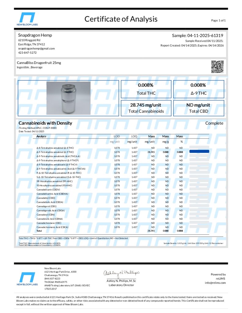Delta-9 THC Infused Canna Bliss Sparkling Water Lab Report
