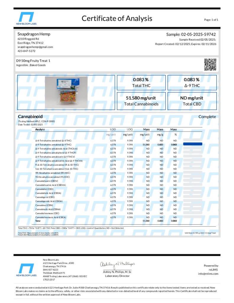 Fruity Crunch Cereal Treat Delta-9 THC 50mg Lab Report