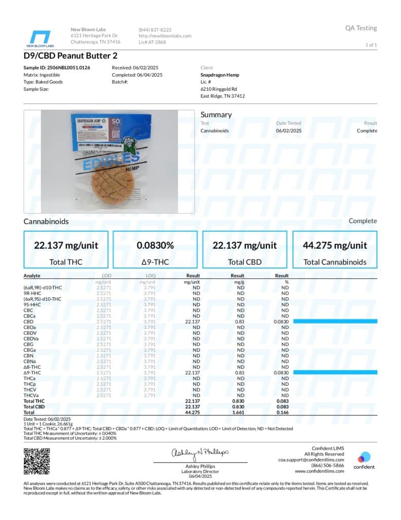 Peanut Butter Cookie 2-Pack 50mg Delta-9 THC and CBD Lab Report