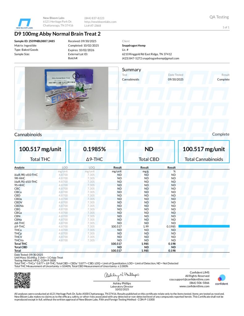 Abby Normal Brain Cereal Treat Delta-9 THC 100mg Lab Report