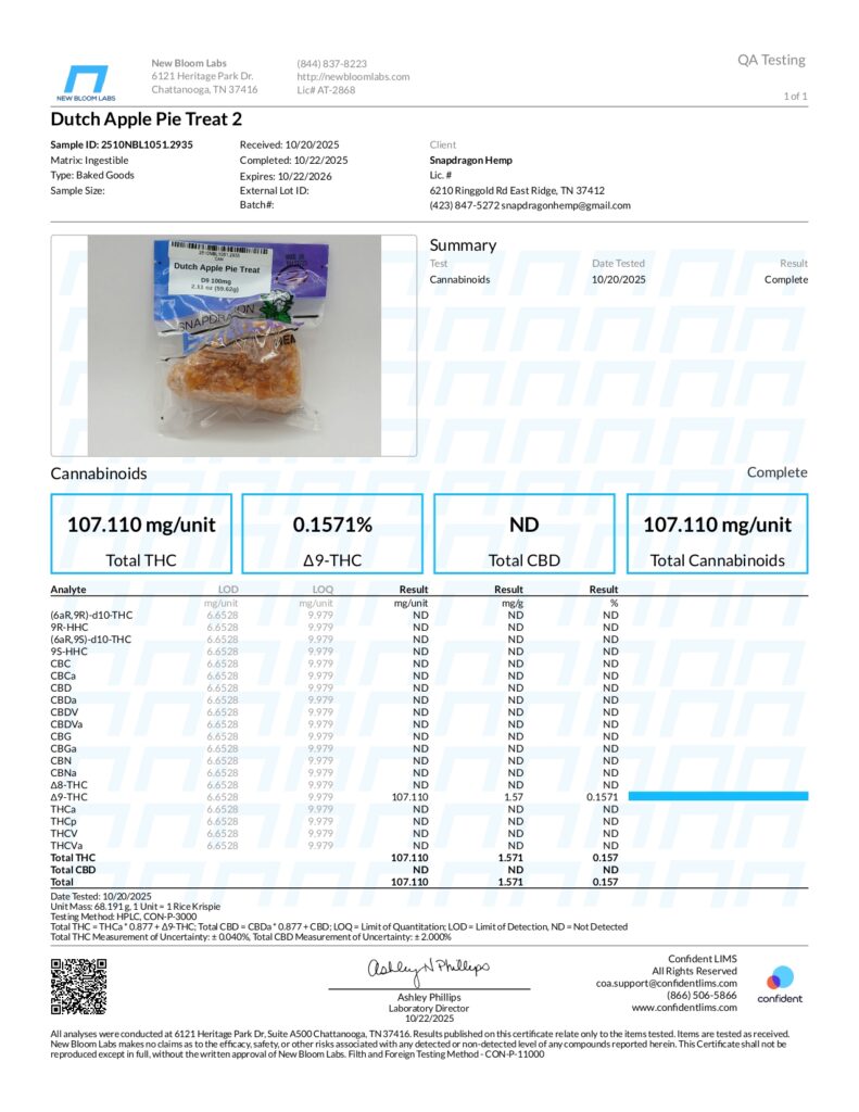 Dutch Apple Pie Cereal Treat Delta-9 THC 100mg Lab Report
