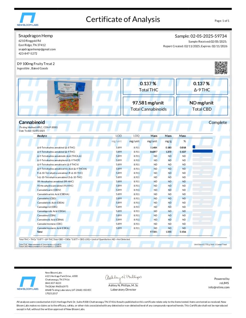 Fruity Crunch Cereal Treat Delta-9 THC 100mg Lab Report