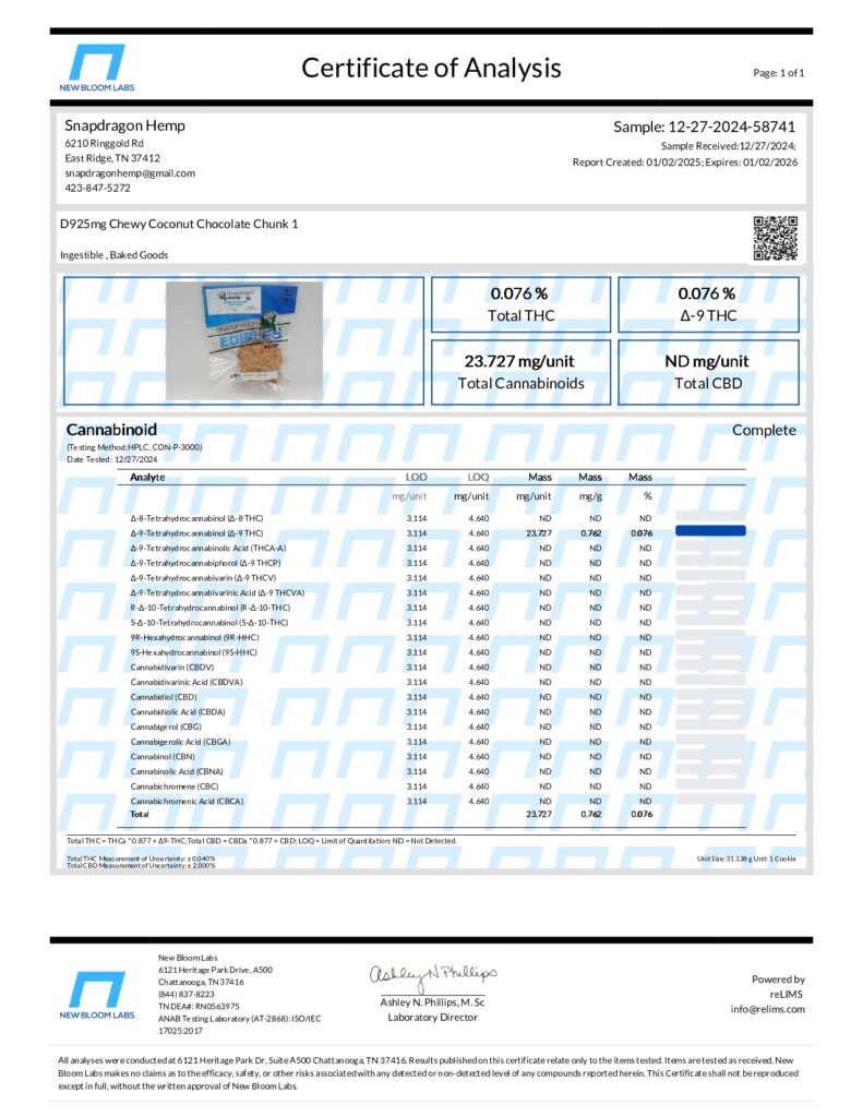 Coconut Chocolate Chunk Cookies 2-Pack 25mg Delta-9 THC Lab Report