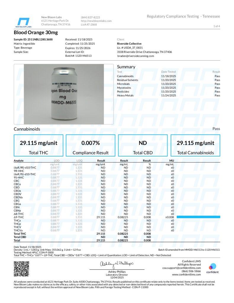 30mg Delta-9 THC Blood Orange Canna Bliss Lab Report