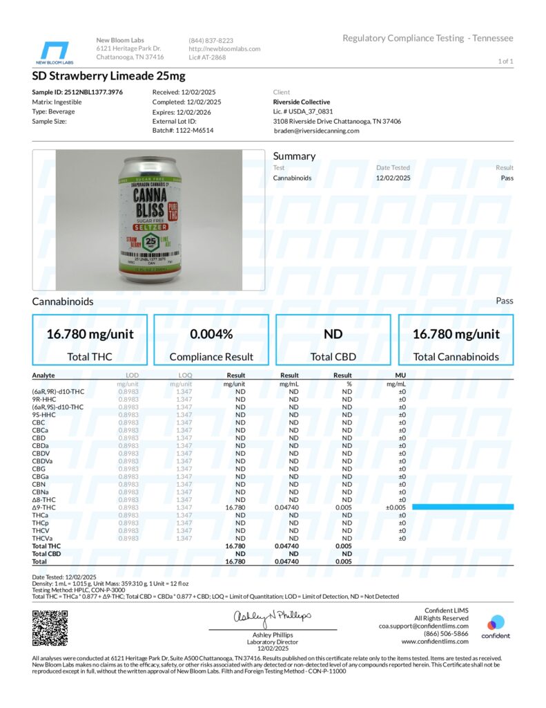 15mg Delta-9 THC Strawberry Limeade Canna Bliss Lab Report