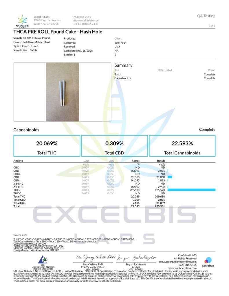 THCA 1.5 Gram Hash Hole Infused Pre-Roll Lab Report