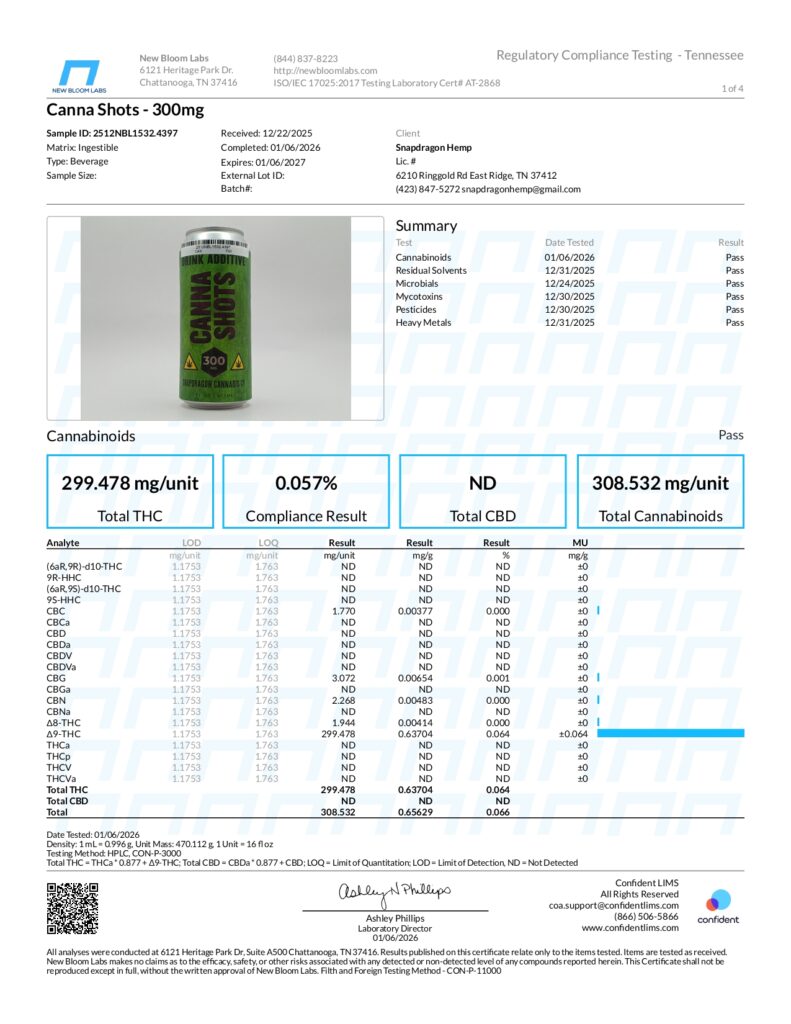 Canna Shots 300mg Delta-9 THC Drink Additive Lab Report