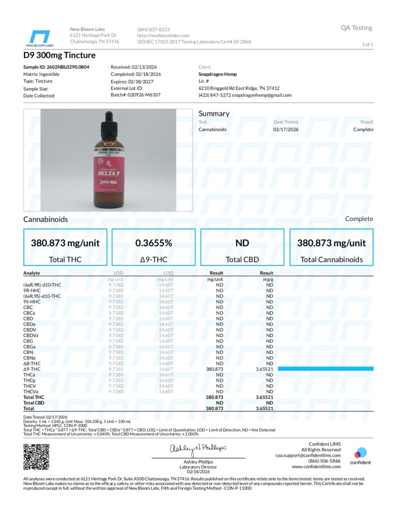 300mg Delta-9 THC Oil 100ml Tincture Lab Report