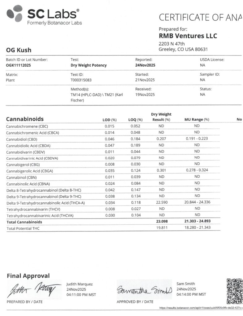OG Kush Craft Reserve THCA Flower Lab Report