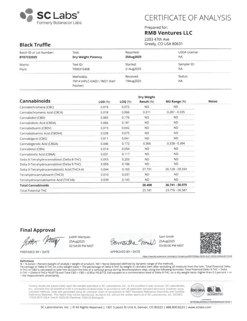 Black Truffle Dragon’s Cut THCA Flower Lab Report
